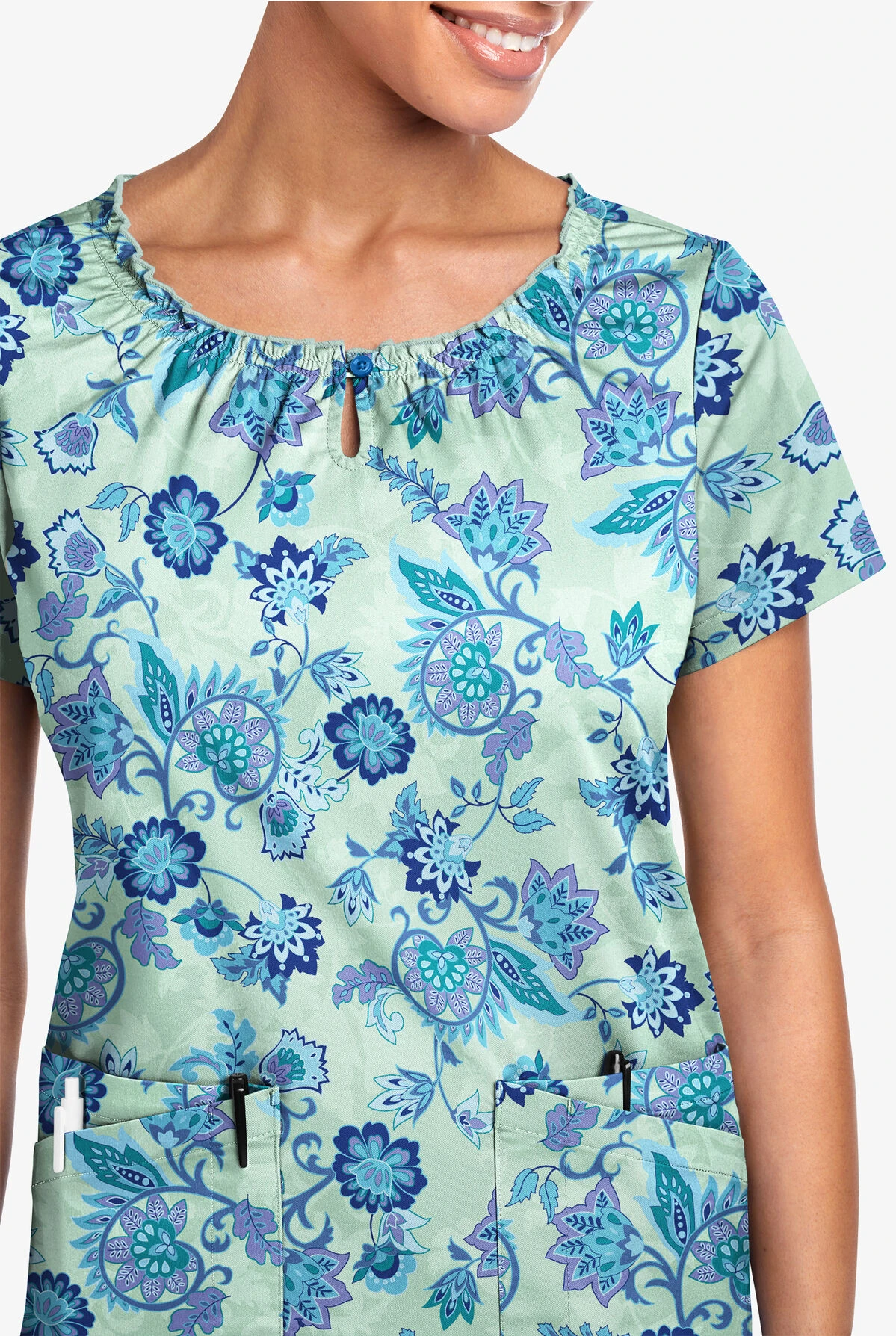 UA Butter-Soft STRETCH Jacobean Eucalyptus Leaf Women's 6-Pocket Peasant Style Printed Scrub Top 2 UA Butter-Soft STRETCH Jacobean Eucalyptus Leaf Women's 6-Pocket Peasant Style Printed Scrub Top - Image 2