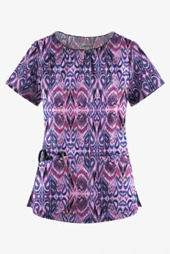 UA Butter-Soft STRETCH Romanian Ikat Orchid Women's 6-Pocket Peasant Style Print Scrub Top