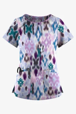 UA Butter-Soft STRETCH Varna Ikat Orchid Women's 6-Pocket Peasant Style Printed Scrub Top