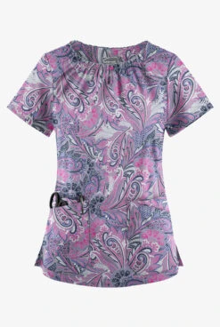 UA Butter-Soft STRETCH Vienna Paisley Silver Women's 6-Pocket Peasant Style Print Scrub Top