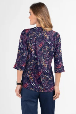 Butter-Soft Elegant Paisley Navy Women's 2-Pocket Round Neckline Print Scrub Top -Cherokee Shop TS584EPNY 3