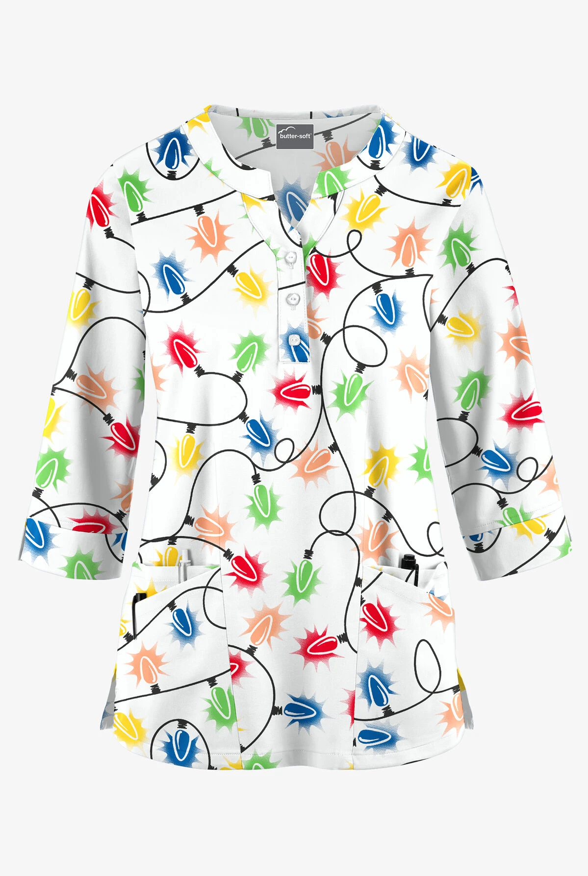 Butter-Soft Fairy Lights Women's 2-Pocket Round Neckline Print Scrub Top 1 Butter-Soft Fairy Lights Women's 2-Pocket Round Neckline Print Scrub Top