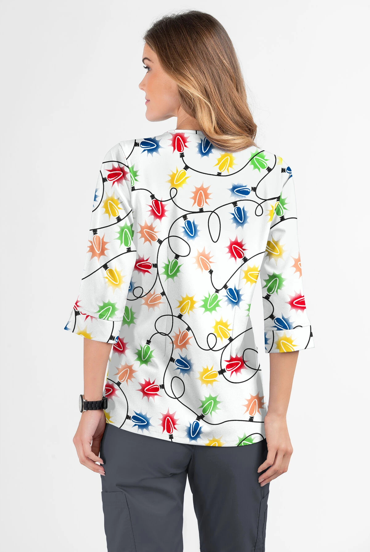Butter-Soft Fairy Lights Women's 2-Pocket Round Neckline Print Scrub Top 3 Butter-Soft Fairy Lights Women's 2-Pocket Round Neckline Print Scrub Top - Image 3