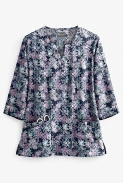 Butter-Soft Falling Snowflakes Light Thistle Women's 4-Pocket 3/4th Sleeve Print Scrub Top