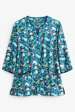 Butter-Soft Happy Ornaments Royal Women's 4-Pocket 3/4th Sleeve Print Scrub Top