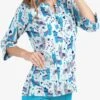 Butter-Soft Llama Party Cloud Blue Women's 4-Pocket 3/4th Sleeve Print Scrub Top
