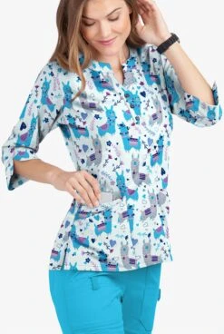 Butter-Soft Llama Party Cloud Blue Women's 4-Pocket 3/4th Sleeve Print Scrub Top