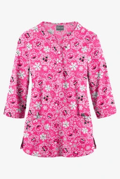 Butter-Soft Smiling Snowflakes Fuchsia Women's 2-Pocket Round Neckline Print Scrub Top