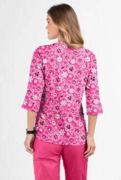 Butter-Soft Smiling Snowflakes Fuchsia Women's 2-Pocket Round Neckline Print Scrub Top -Cherokee Shop TS584SSFA 3