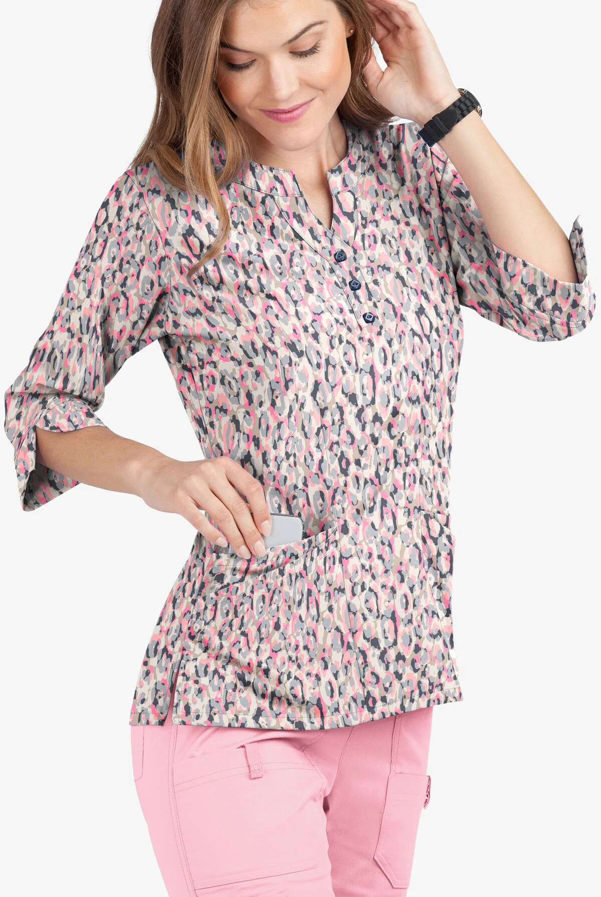 Butter-Soft Into The Wild Pearl Women's 4-Pocket 3/4th Sleeve Print Scrub Top 1 Butter-Soft Into The Wild Pearl Women's 4-Pocket 3/4th Sleeve Print Scrub Top