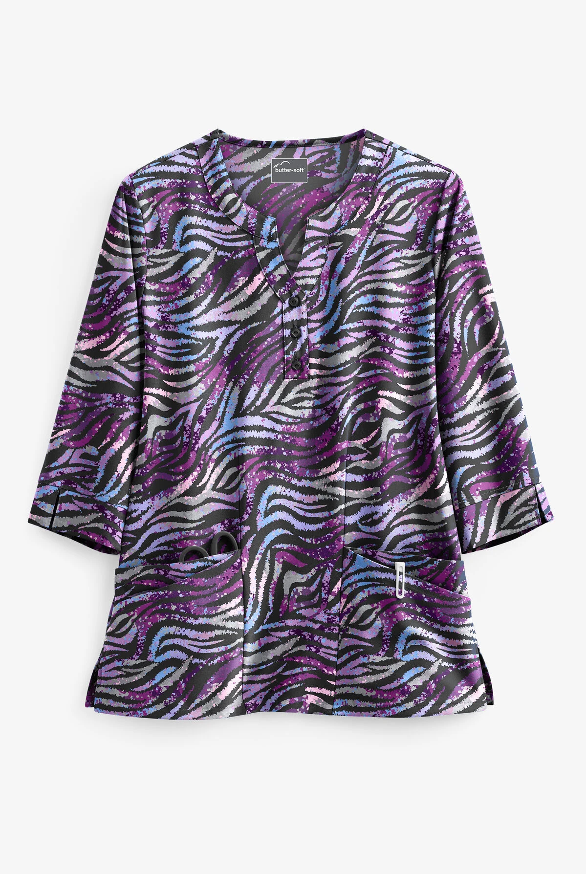 Butter-Soft Watercolor Zebra Black Printed Women's 4-Pocket 3/4th Sleeve Scrub Top 1 Butter-Soft Watercolor Zebra Black Printed Women's 4-Pocket 3/4th Sleeve Scrub Top