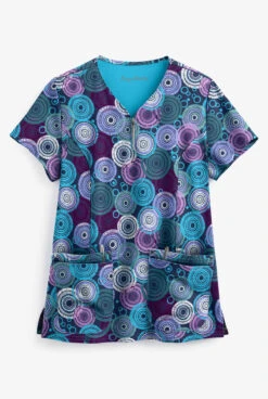 Easy STRETCH By Butter-Soft™ Mandala Tapestry Navy Women's 4-Pocket Zipper Neck Print Scrub Top