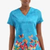UA Butter-Soft STRETCH Butterfly Border Turquoise Women's 2- Pocket V-Neck Printed Scrub Top