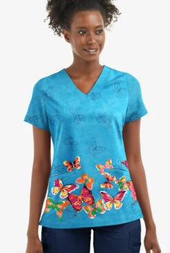 UA Butter-Soft STRETCH Butterfly Border Turquoise Women's 2- Pocket V-Neck Printed Scrub Top