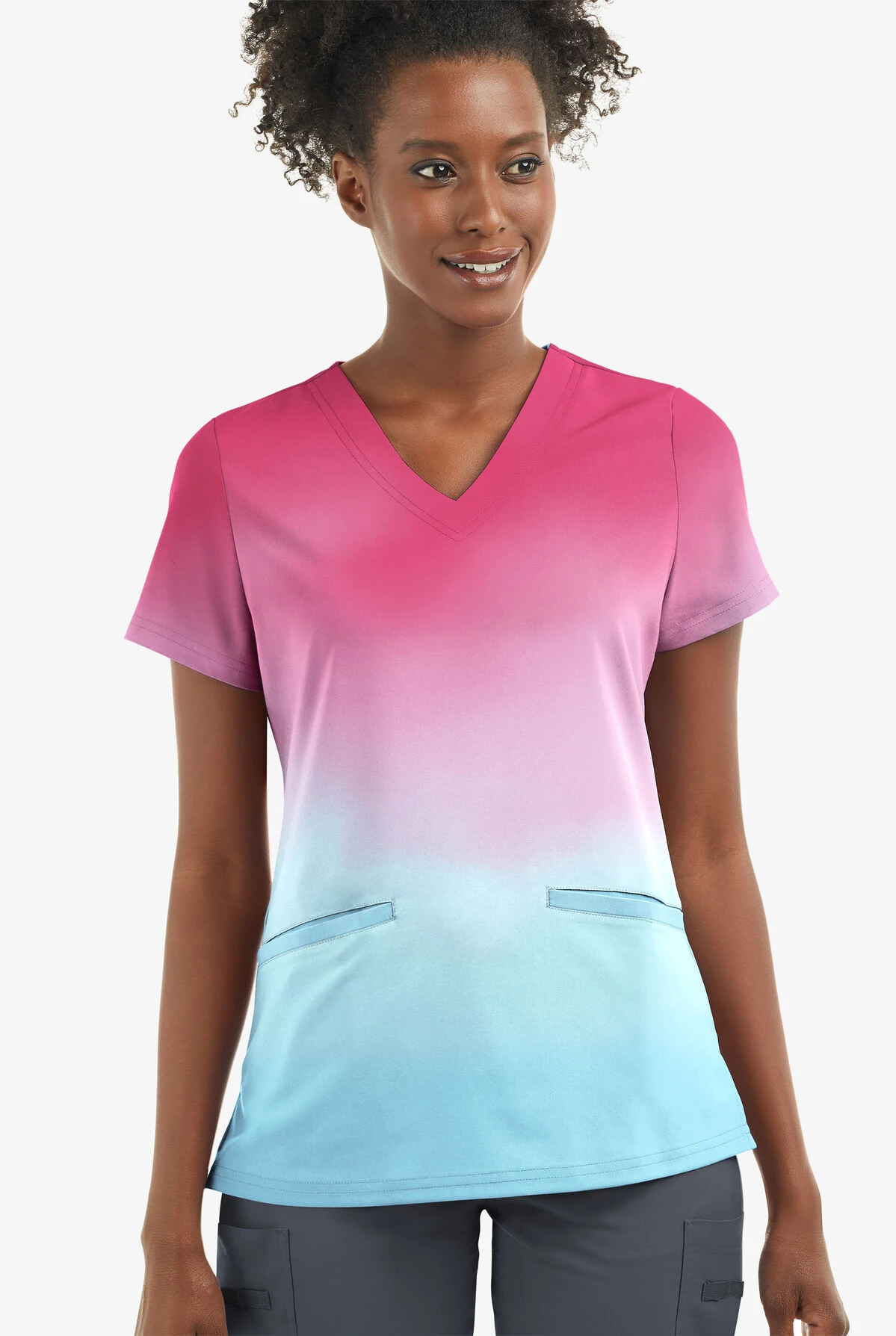 UA Butter-Soft STRETCH Evening Sky Ombre View Women's 2-Angled Welt Pocket V-Neck Printed Scrub Top 1 UA Butter-Soft STRETCH Evening Sky Ombre View Women's 2-Angled Welt Pocket V-Neck Printed Scrub Top