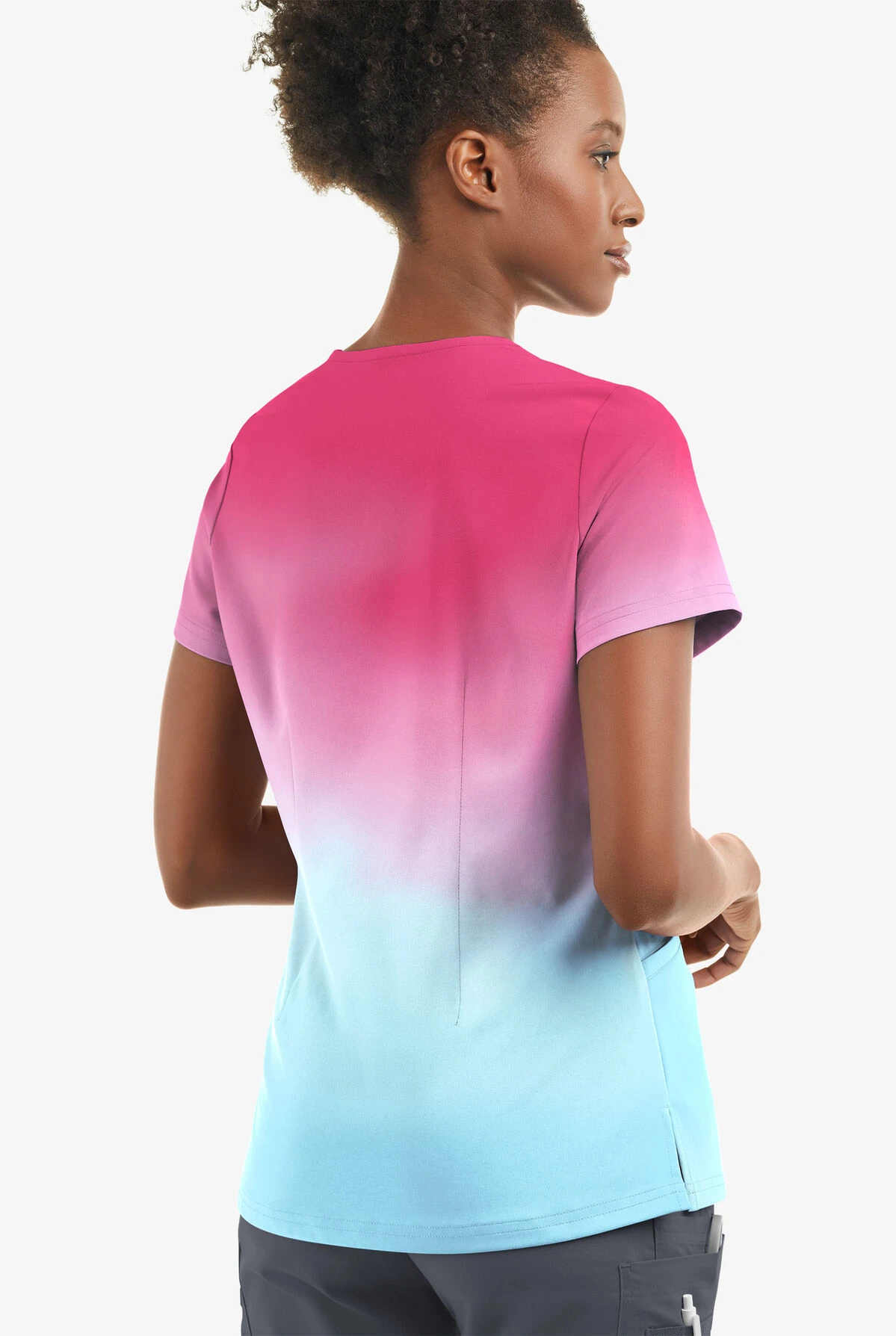 UA Butter-Soft STRETCH Evening Sky Ombre View Women's 2-Angled Welt Pocket V-Neck Printed Scrub Top 2 UA Butter-Soft STRETCH Evening Sky Ombre View Women's 2-Angled Welt Pocket V-Neck Printed Scrub Top - Image 2