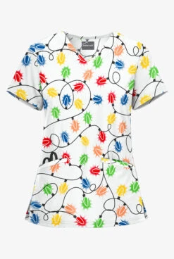 Butter-Soft Fairy Lights Women's 2-Pocket Angled Welt V-Neck Print Scrub Top