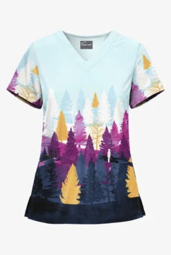 Butter-Soft Nordic Forest Berry Burst Women's 2-Pocket With Angled Welt V-Neck Print Scrub Top
