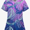 Butter-Soft STRETCH Palm Fronds Aqua Moon Women's 2-Pocket V-Neck Print Scrub Top