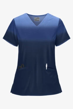 Butter-Soft STRETCH Prism Ombre Navy Women's 2-Pocket V-Neck Print Scrub Top