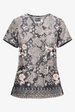 UA Butter-Soft Paisley Extravaganza Pewter Women's 2-Pocket V-Neck Print Scrub Top