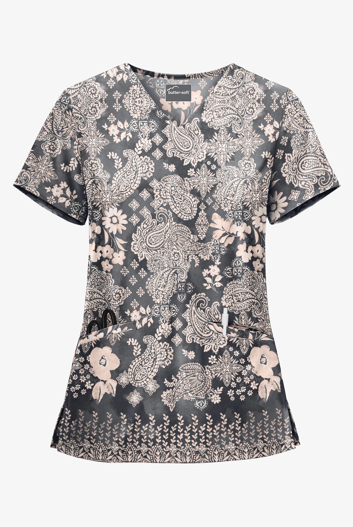 UA Butter-Soft Paisley Extravaganza Pewter Women's 2-Pocket V-Neck Print Scrub Top 1 UA Butter-Soft Paisley Extravaganza Pewter Women's 2-Pocket V-Neck Print Scrub Top