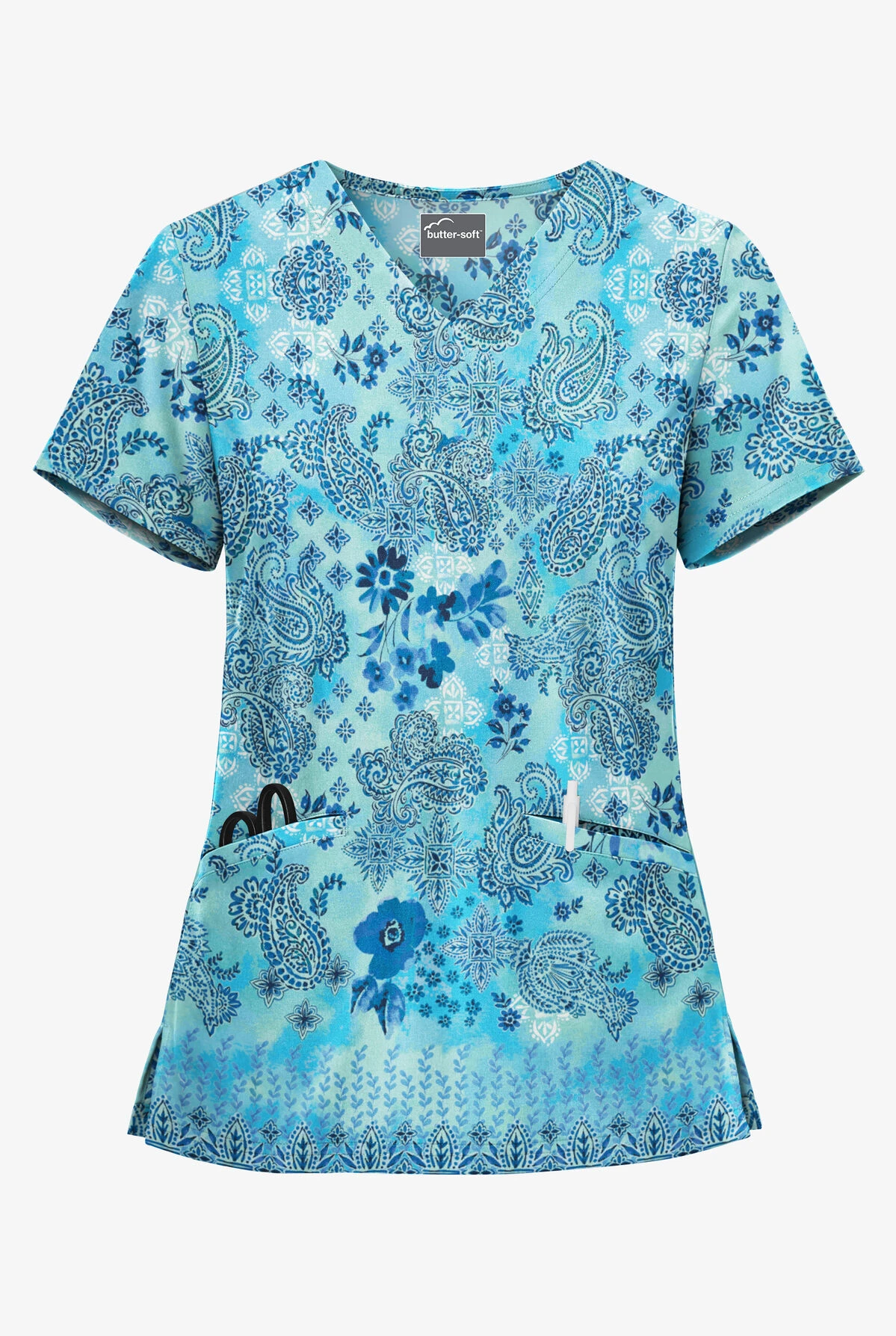 UA Butter-Soft Paisley Extravaganza Turquoise Women's 2-Pocket V-Neck Print Scrub Top 1 UA Butter-Soft Paisley Extravaganza Turquoise Women's 2-Pocket V-Neck Print Scrub Top