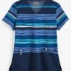 Butter-Soft Striped Navy Women's 2-Pocket V-Neck Print Scrub Top