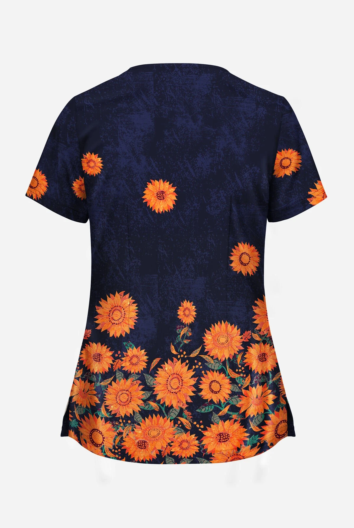 UA Butter-Soft STRETCH Sunflowers Navy Women's 2-Angled Welt Pocket V-Neck Printed Scrub Top 2 UA Butter-Soft STRETCH Sunflowers Navy Women's 2-Angled Welt Pocket V-Neck Printed Scrub Top - Image 2