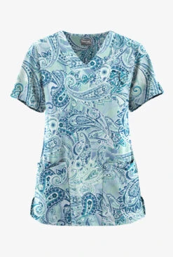 UA Butter-Soft STRETCH Paisley Romance Watermint Women's 5-Pocket V-Neck Scrub Top