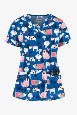 Butter-Soft Dreaming Pups Royal Women's 4-Pocket Rounded V-Neck Print Scrub Top