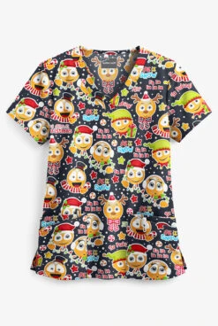Butter-Soft Holiday Emoji Pewter Women's 4-Pocket Rounded V-Neck Print Scrub Top
