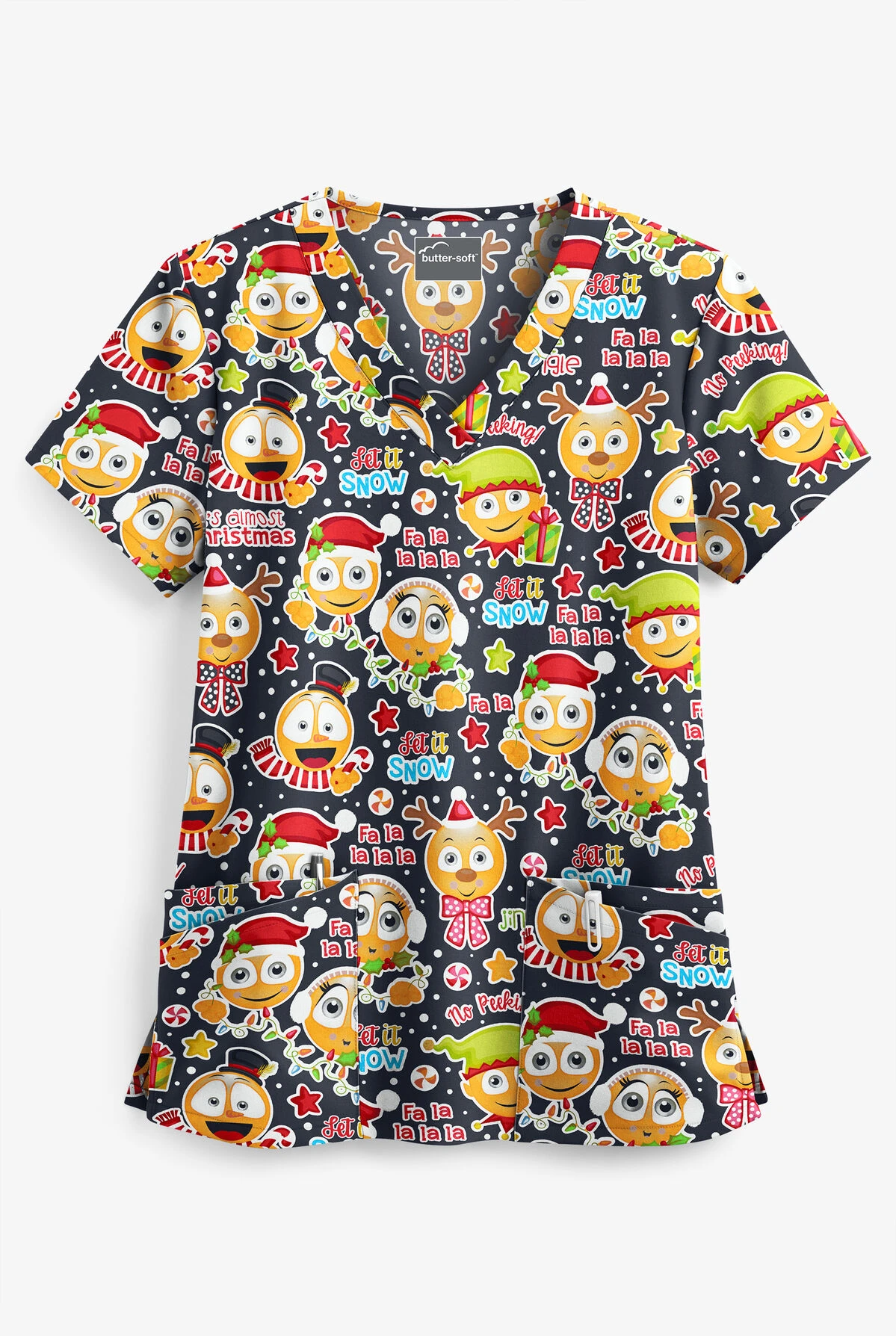 Butter-Soft Holiday Emoji Pewter Women's 4-Pocket Rounded V-Neck Print Scrub Top 1 Butter-Soft Holiday Emoji Pewter Women's 4-Pocket Rounded V-Neck Print Scrub Top