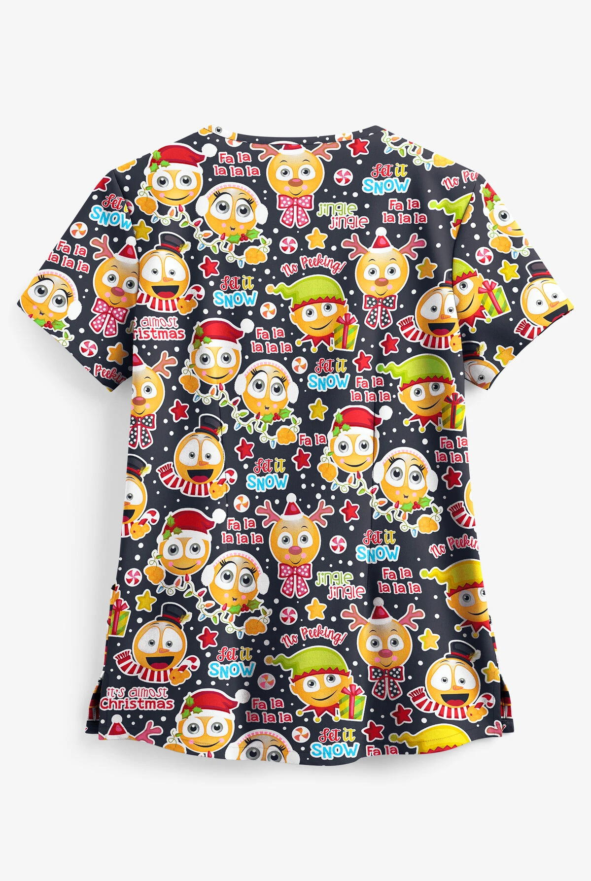 Butter-Soft Holiday Emoji Pewter Women's 4-Pocket Rounded V-Neck Print Scrub Top 2 Butter-Soft Holiday Emoji Pewter Women's 4-Pocket Rounded V-Neck Print Scrub Top - Image 2