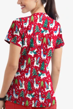 Butter-Soft Holiday Llamas Red Women's 4-Pocket Rounded V-Neck Print Scrub Top -Cherokee Shop TS697HLRD 3