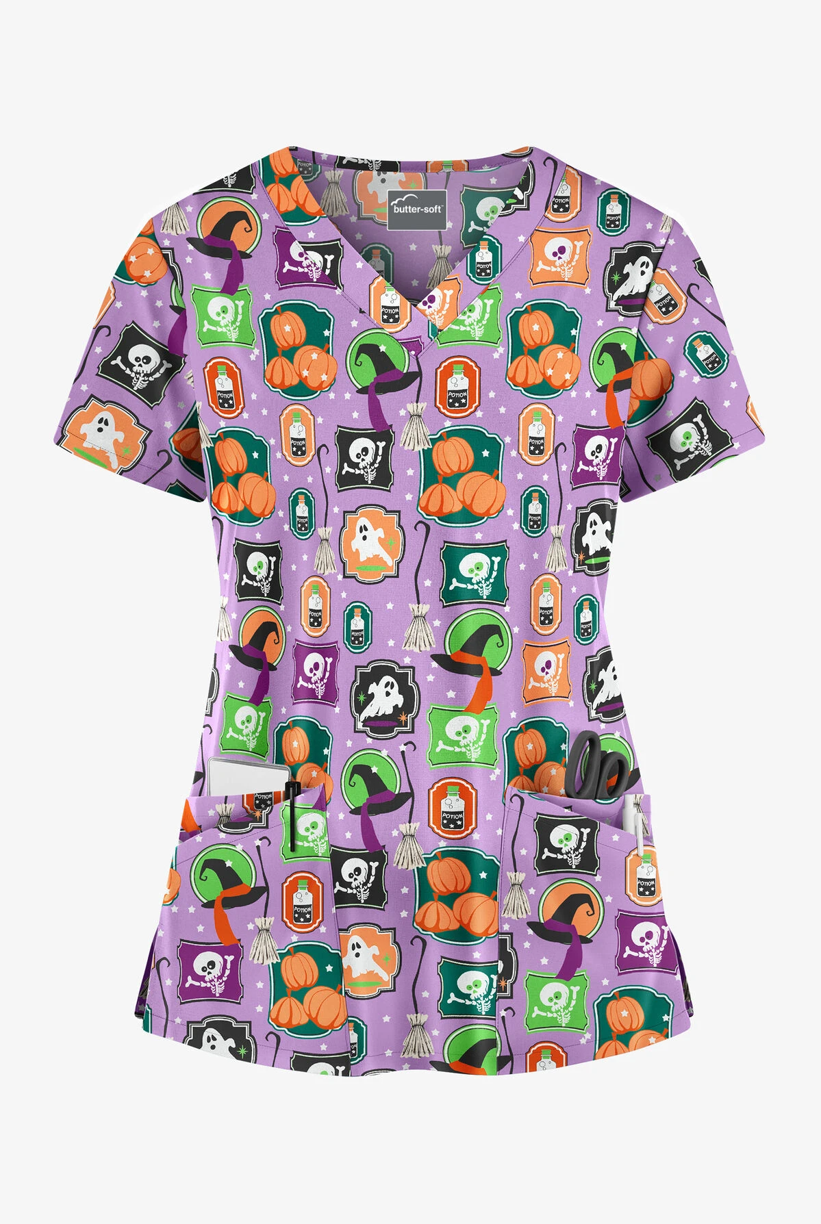 Butter-Soft Halloween Stickers Orchid Women's 4-Pocket Rounded V-Neck Print Scrub Top 1 Butter-Soft Halloween Stickers Orchid Women's 4-Pocket Rounded V-Neck Print Scrub Top