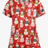 Butter-Soft Juggling Snowman Red Women's 4-Pocket Rounded V-Neck Print Scrub Top