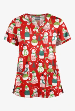 Butter-Soft Juggling Snowman Red Women's 4-Pocket Rounded V-Neck Print Scrub Top