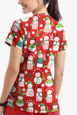 Butter-Soft Juggling Snowman Red Women's 4-Pocket Rounded V-Neck Print Scrub Top -Cherokee Shop TS697JSRD 3