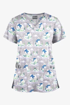 Butter-Soft Polar Holiday Silver Women's 4-Pocket Rounded V-Neck Printed Scrub Top