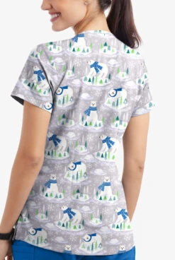 Butter-Soft Polar Holiday Silver Women's 4-Pocket Rounded V-Neck Printed Scrub Top -Cherokee Shop TS697PHSL 3