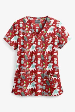 Butter-Soft Winter Pals Red Women's 4-Pocket Rounded V-Neck Print Scrub Top