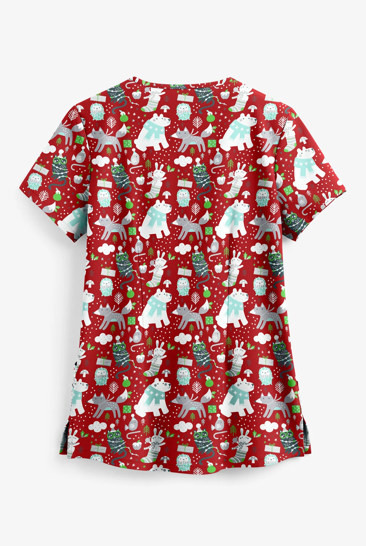 Butter-Soft Winter Pals Red Women's 4-Pocket Rounded V-Neck Print Scrub Top 2 Butter-Soft Winter Pals Red Women's 4-Pocket Rounded V-Neck Print Scrub Top - Image 2