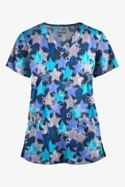 Butter-Soft Shining Stars Women's 4-Pocket Rounded V-Neck Print Scrub Top