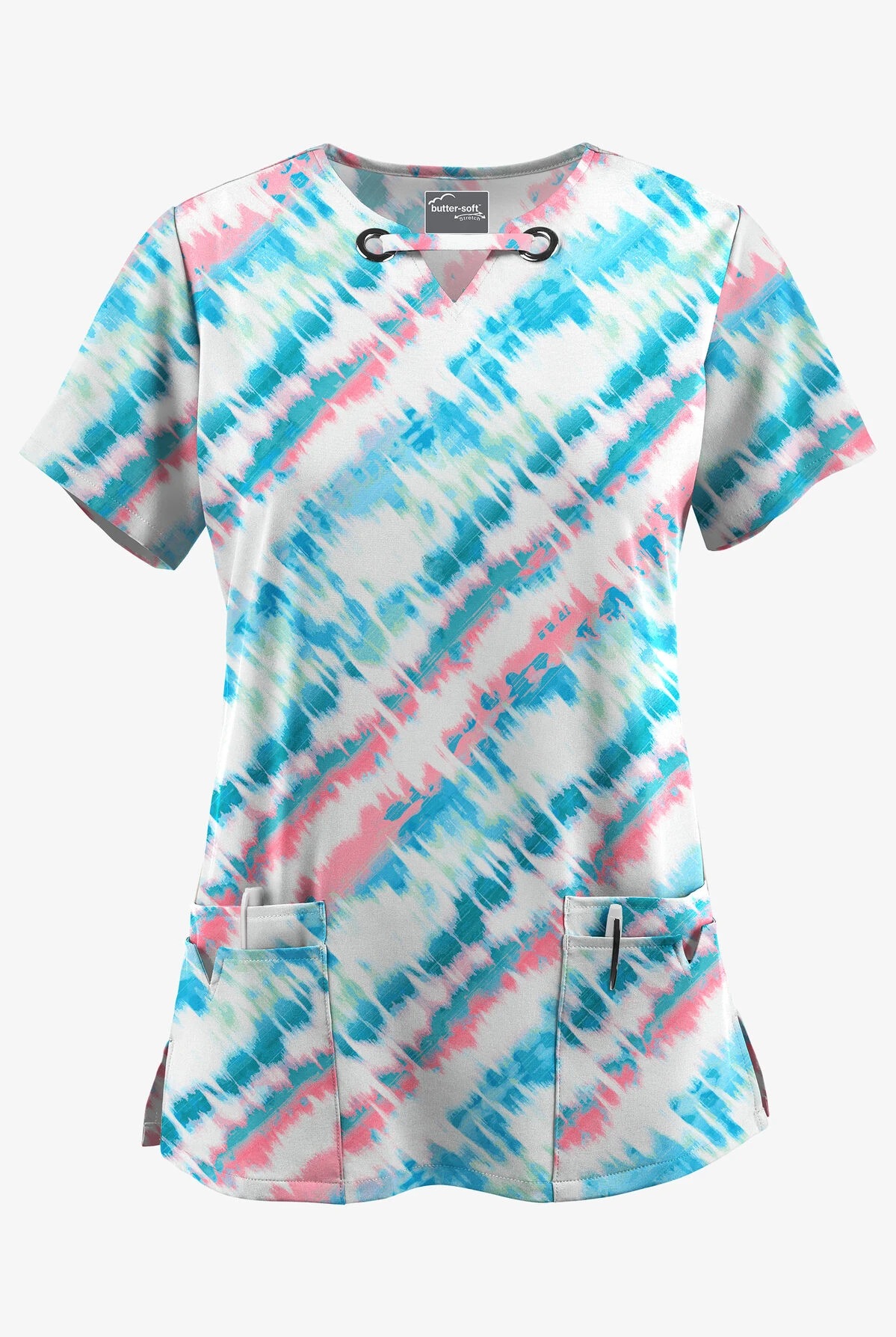UA Butter-Soft STRETCH Belize Ikat Women's 4-Pocket Grommet Printed Scrub Top 1 UA Butter-Soft STRETCH Belize Ikat Women's 4-Pocket Grommet Printed Scrub Top
