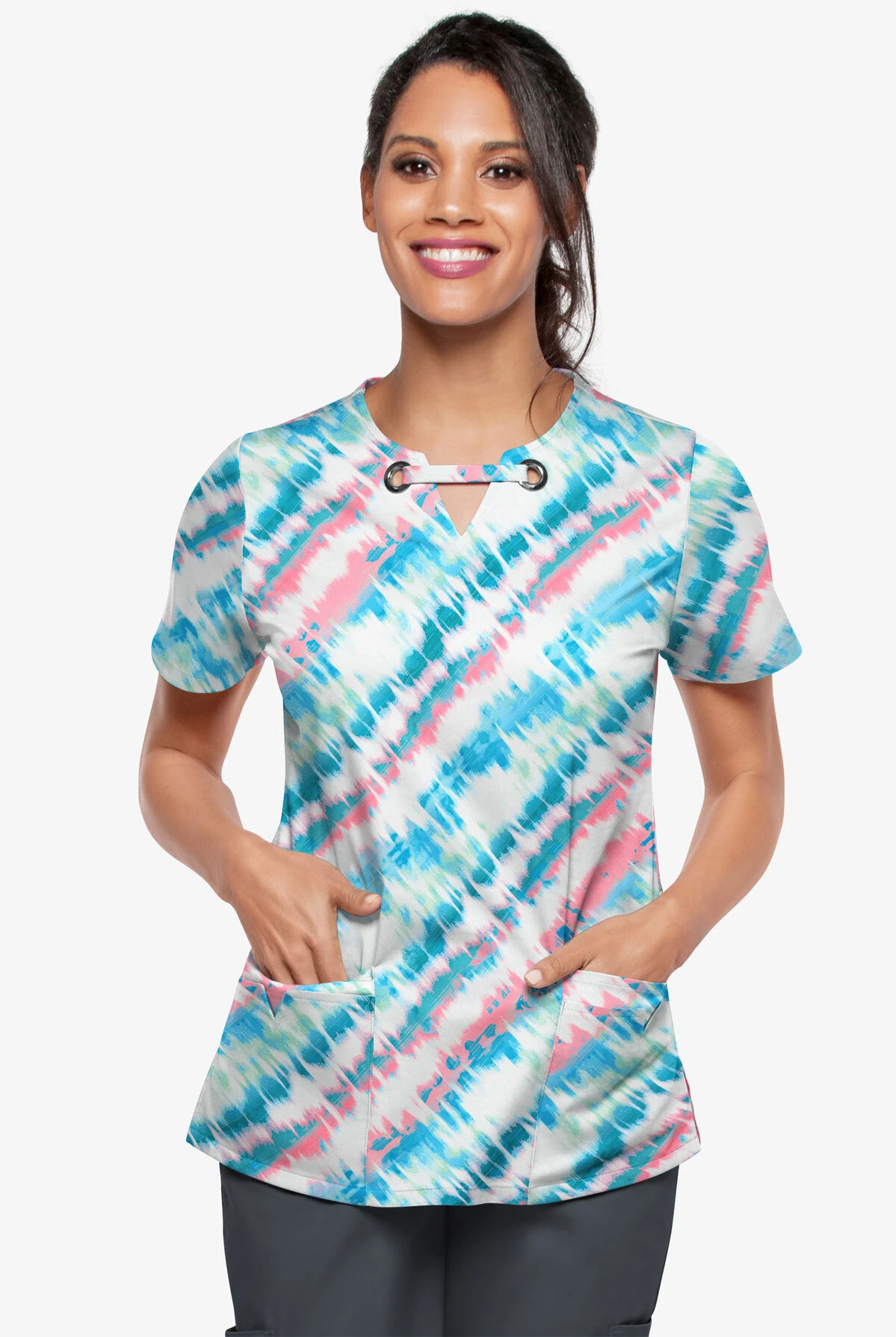 UA Butter-Soft STRETCH Belize Ikat Women's 4-Pocket Grommet Printed Scrub Top 2 UA Butter-Soft STRETCH Belize Ikat Women's 4-Pocket Grommet Printed Scrub Top - Image 2