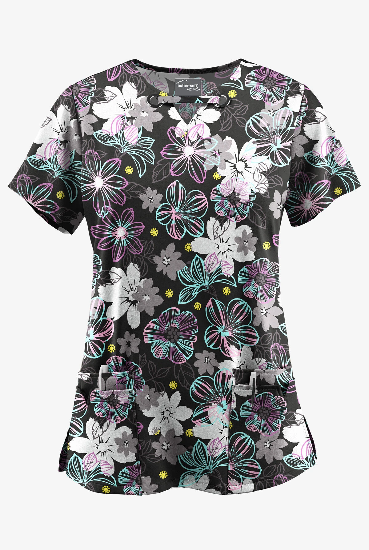 UA Butter-Soft STRETCH Floral Mirage Women's 4-Pocket Grommet Printed Scrub Top 1 UA Butter-Soft STRETCH Floral Mirage Women's 4-Pocket Grommet Printed Scrub Top