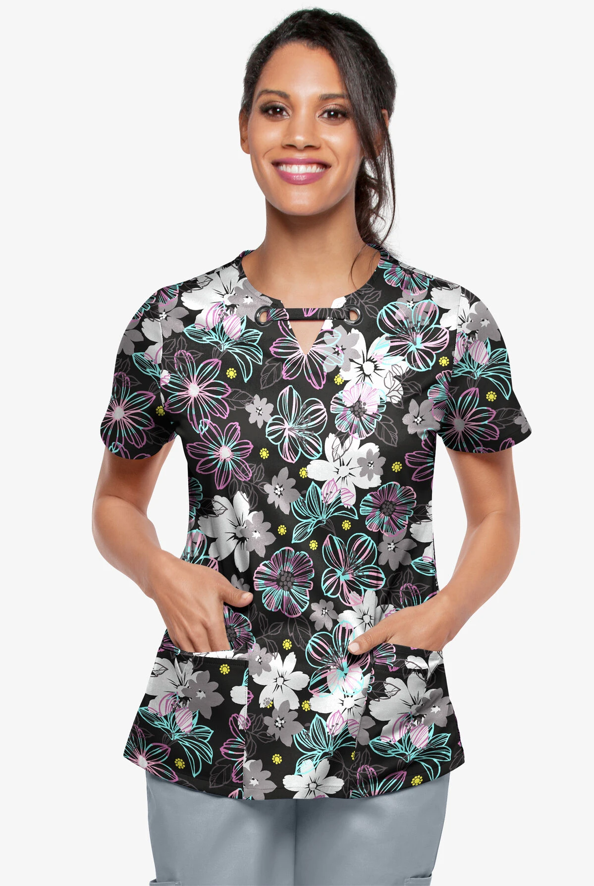 UA Butter-Soft STRETCH Floral Mirage Women's 4-Pocket Grommet Printed Scrub Top 2 UA Butter-Soft STRETCH Floral Mirage Women's 4-Pocket Grommet Printed Scrub Top - Image 2