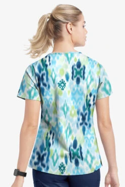 UA Butter-Soft STRETCH Varna Ikat Turquoise Women's 4-Pocket Grommet Printed Scrub Top -Cherokee Shop TS754VITQ 3