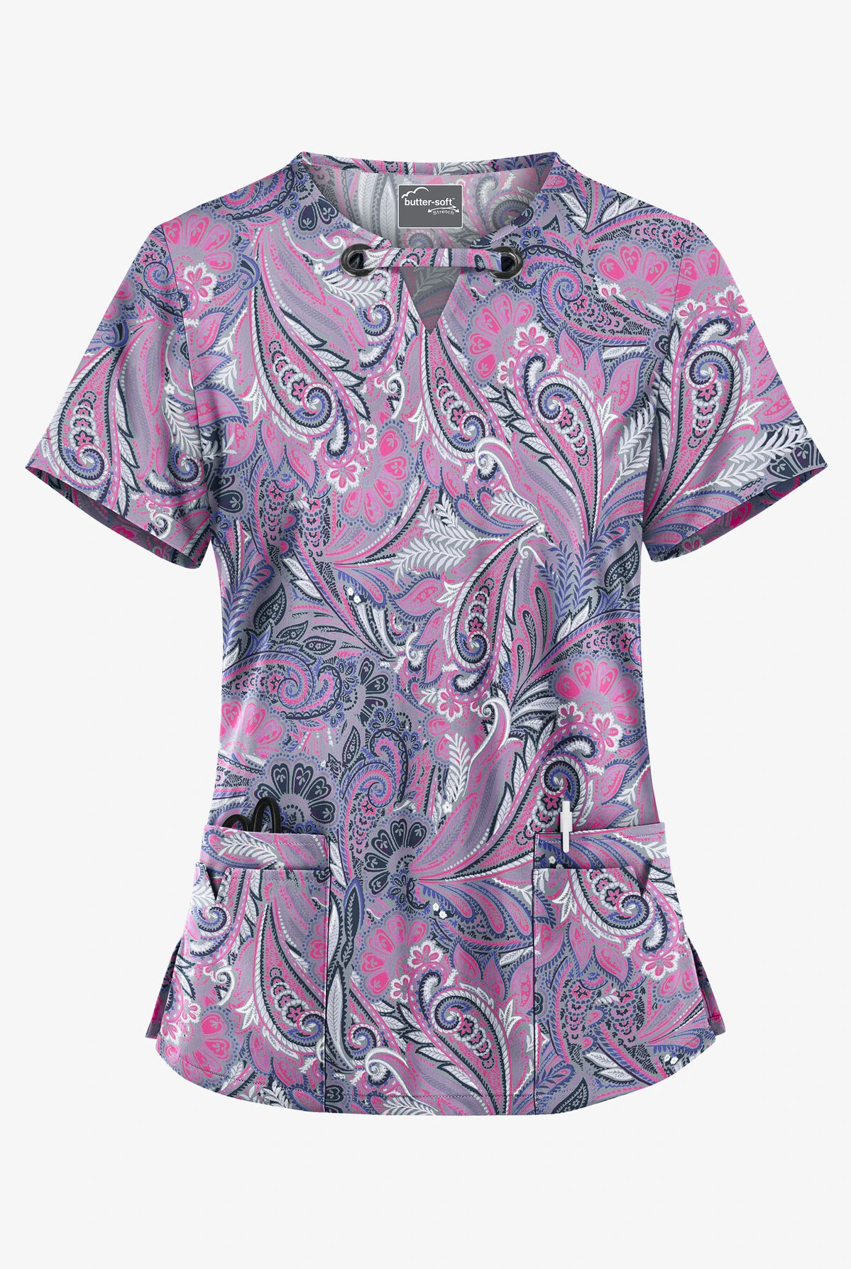 UA Butter-Soft STRETCH Vienna Paisley Silver Women's 4-Pocket Large Grommet Print Scrub Top 1 UA Butter-Soft STRETCH Vienna Paisley Silver Women's 4-Pocket Large Grommet Print Scrub Top